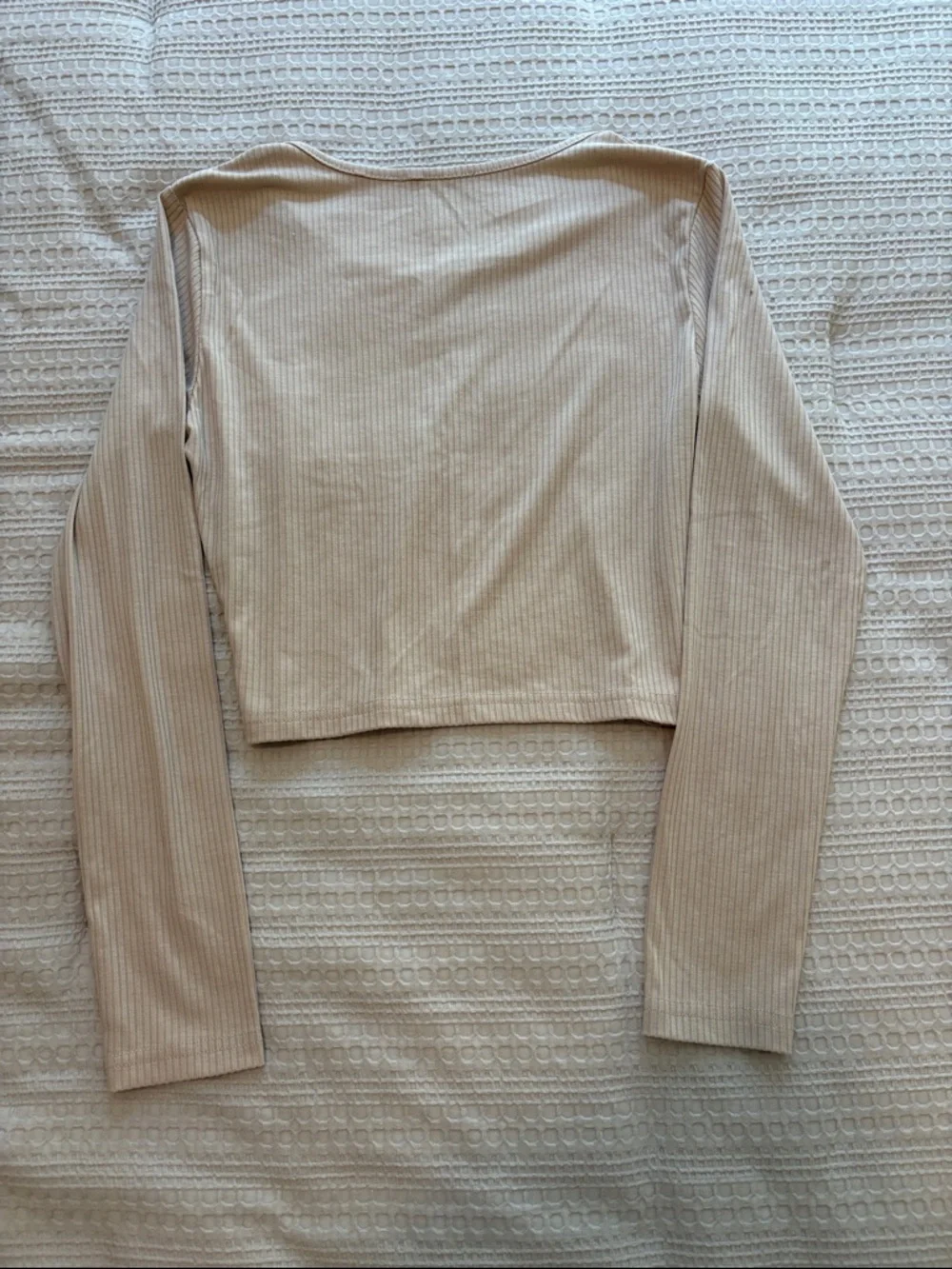 Women's Small Ribbed Long Sleeve Crop Top & Pants Loungewear Set in Beige - Picture 5 of 10